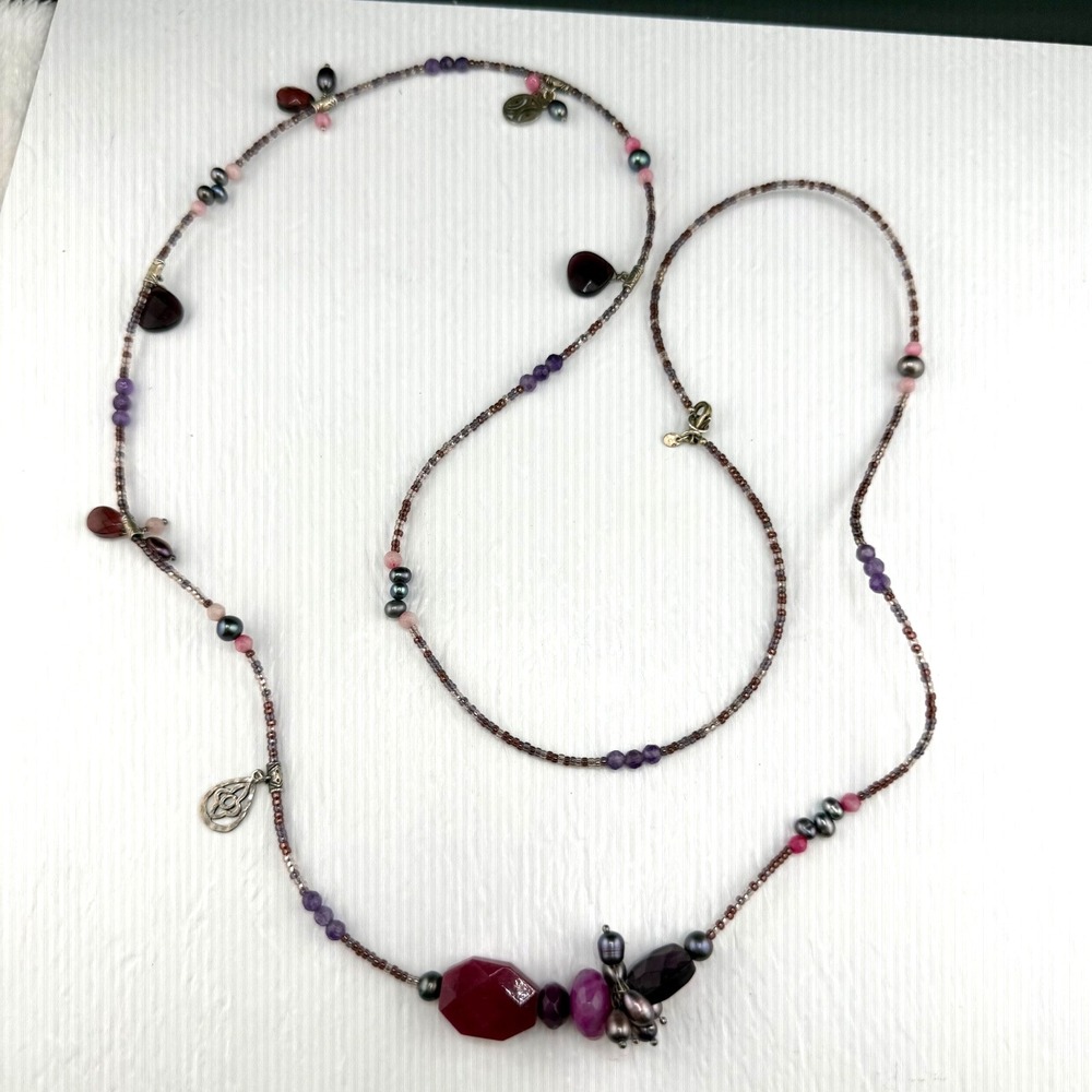 Silpada Necklace Silver Tone Purple Beaded Glass Signed 38in